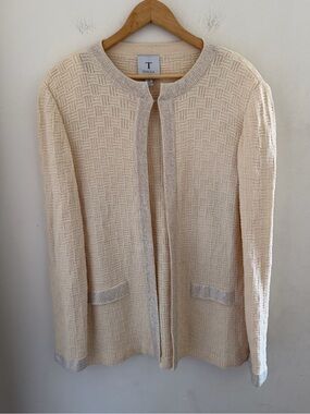 Toula Vintage Cream Basketweave Wool Blend Sparkle Trim Textured Jacket 18 Plus